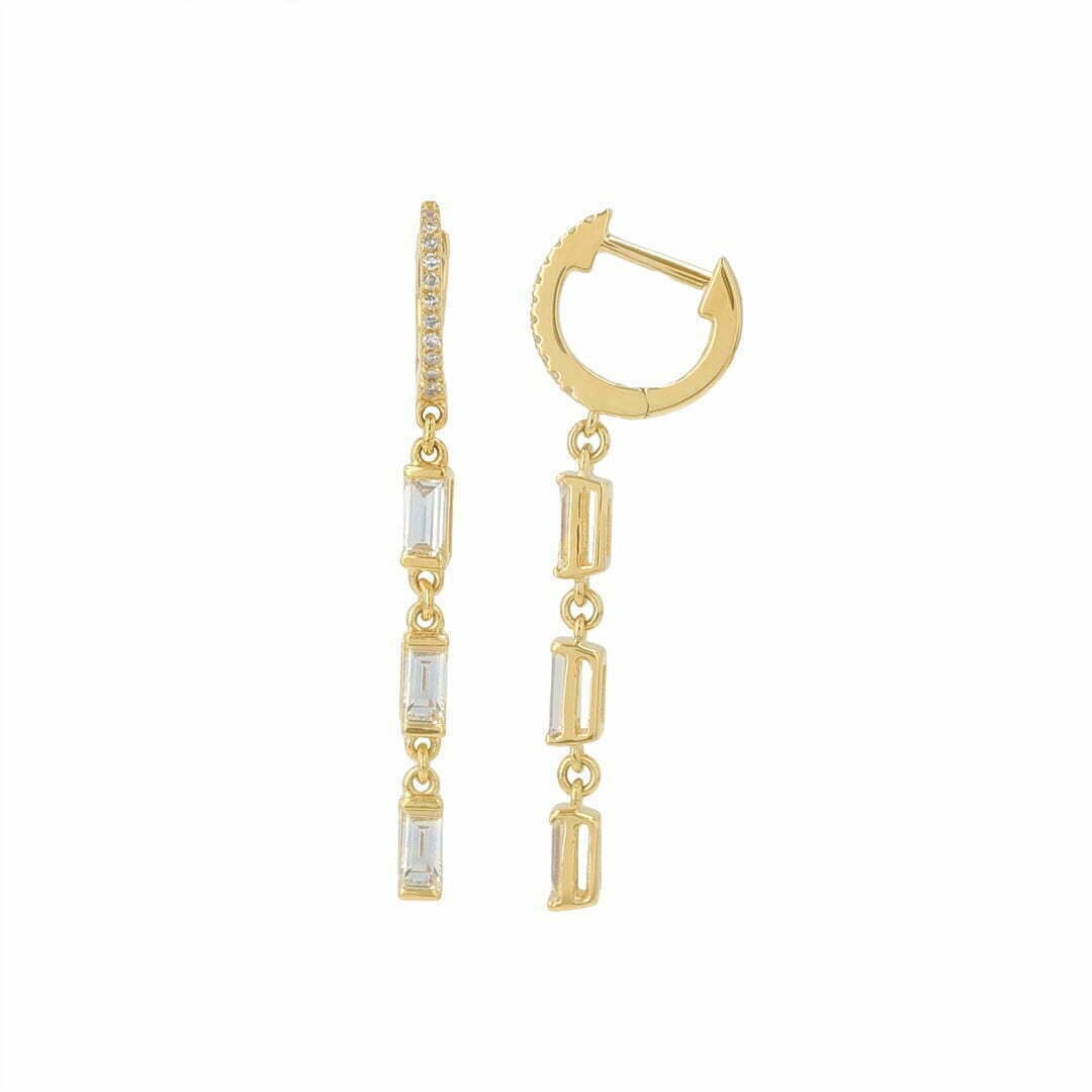 14 Karat Gold & Diamond Baguette Drop Huggie Earrings