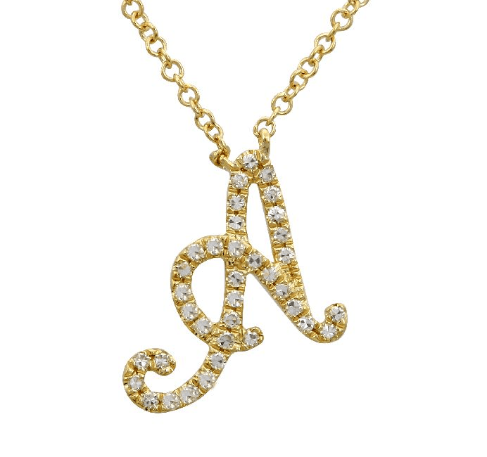 14 Karat Gold & Diamond 18″ Cursive Initial Necklace (Small)