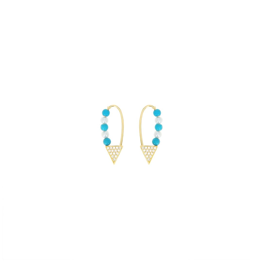 14 Karat Yellow Gold, Diamond, Pearl & Turquoise Safety Pin Earrings