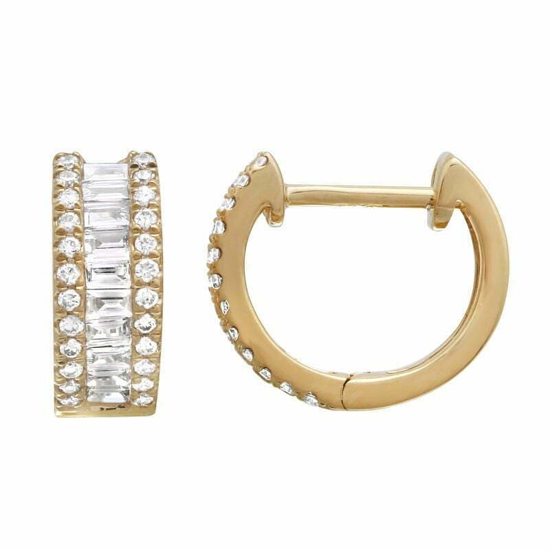 14 Karat Gold & Diamond 12.5mm Baguette Huggie Earrings