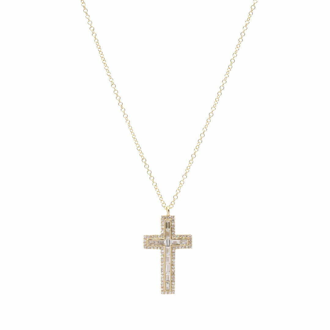 14 Karat Gold & Diamond Baguette Cross Necklace 18″