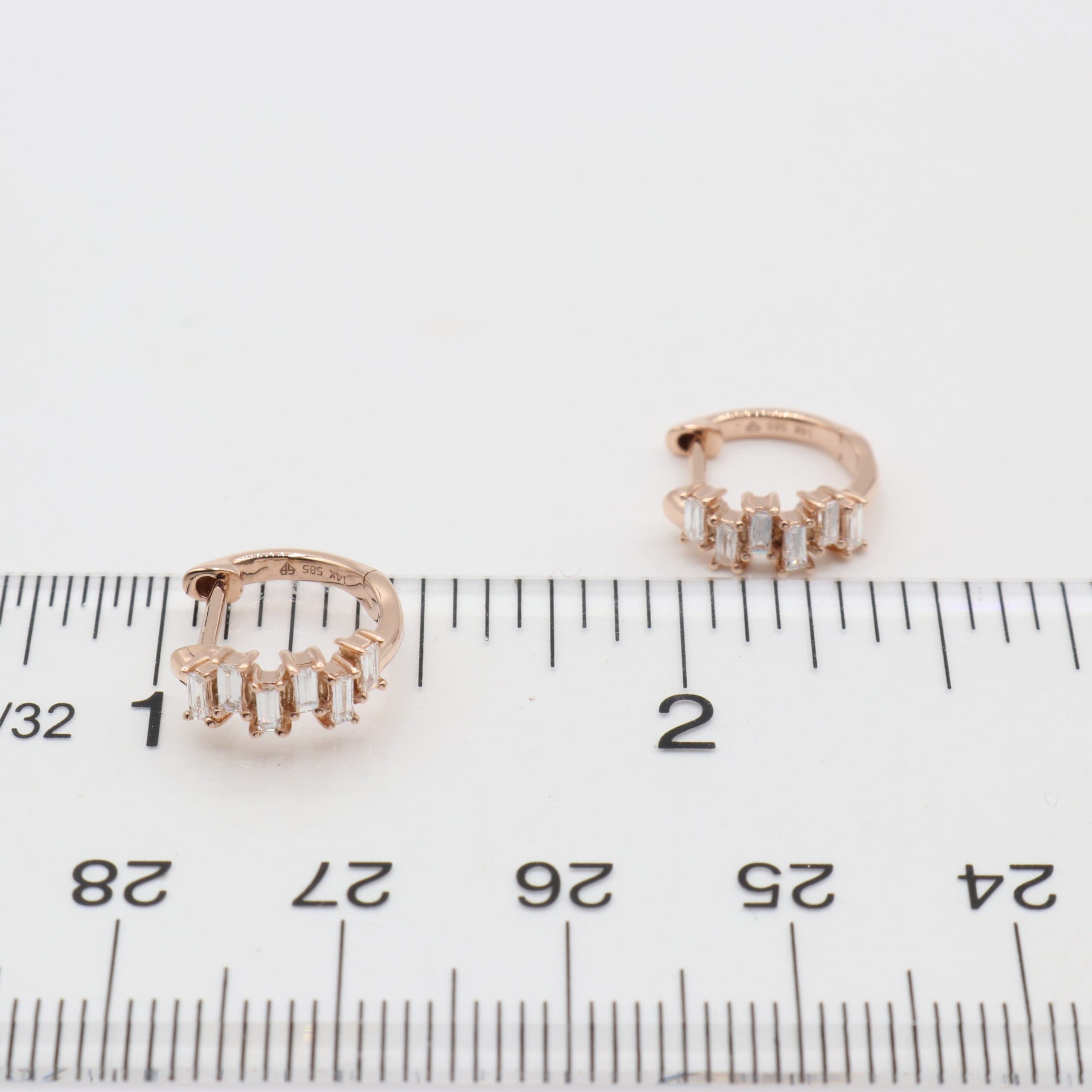 14 Karat Gold & Baguette Diamond 13mm Huggie Earrings thumbnail 2
