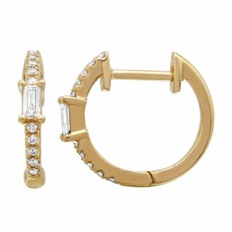 14 Karat Gold, 13mm Hoop Earrings Containing 20 Round Cut Diamonds 0.09 Carats & 2 Baguette Diamonds 0.11 Carats
