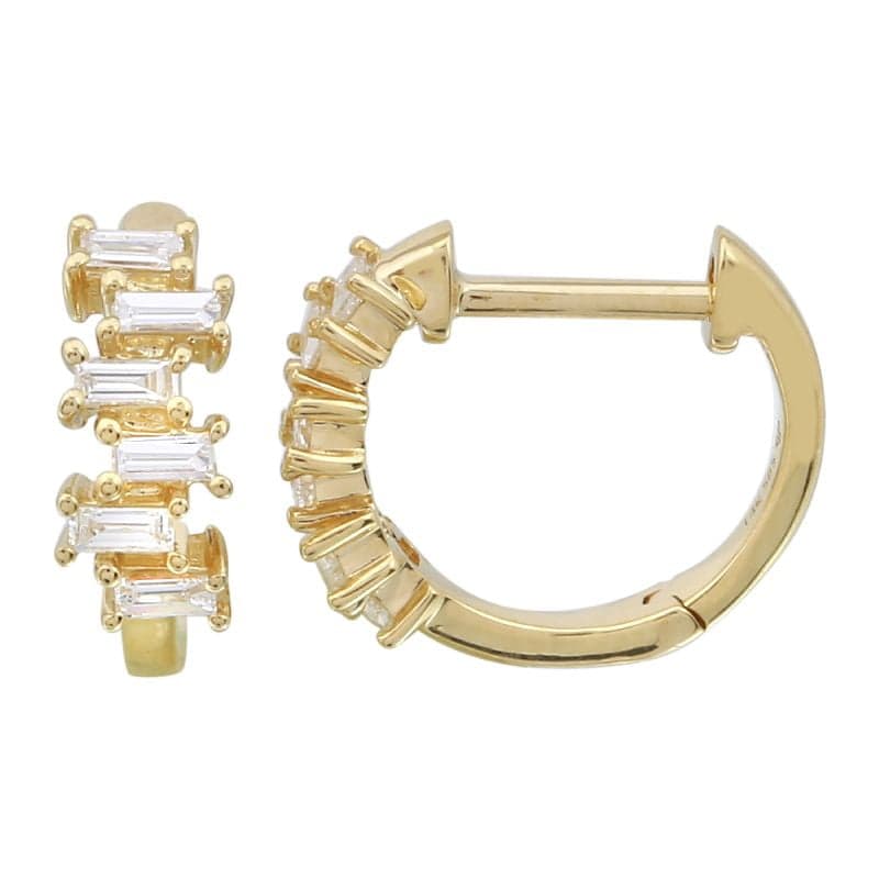 14 Karat Gold & Baguette Diamond 13mm Huggie Earrings