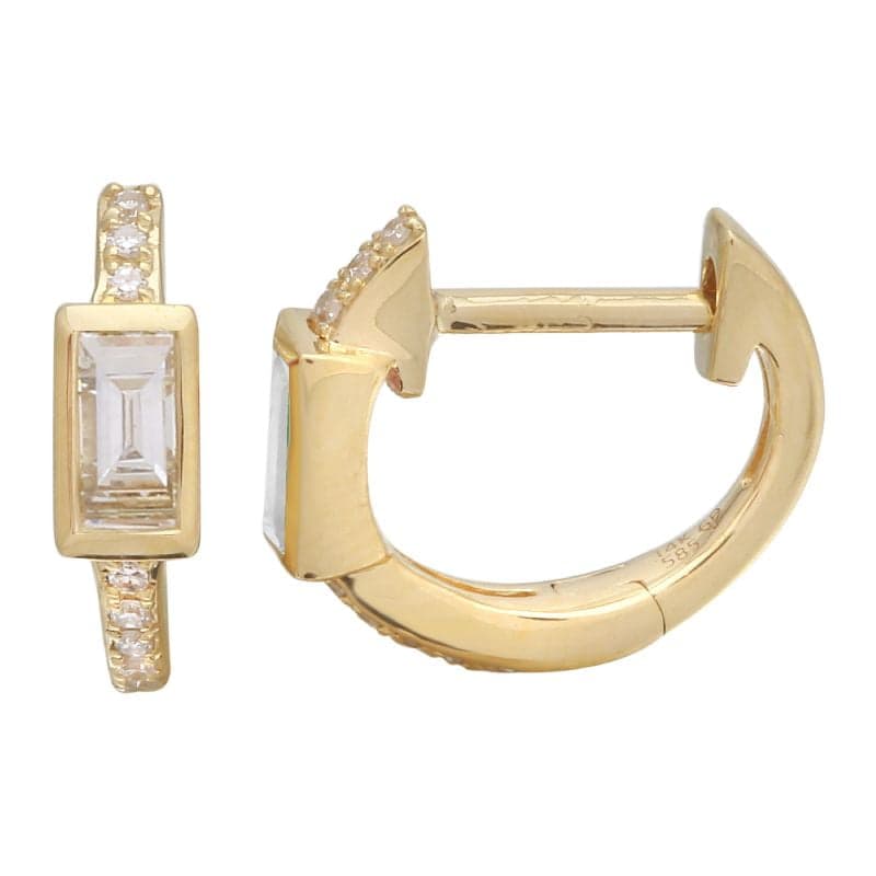 14 Karat Gold & Diamond 11mm Baguette Huggie Earrings