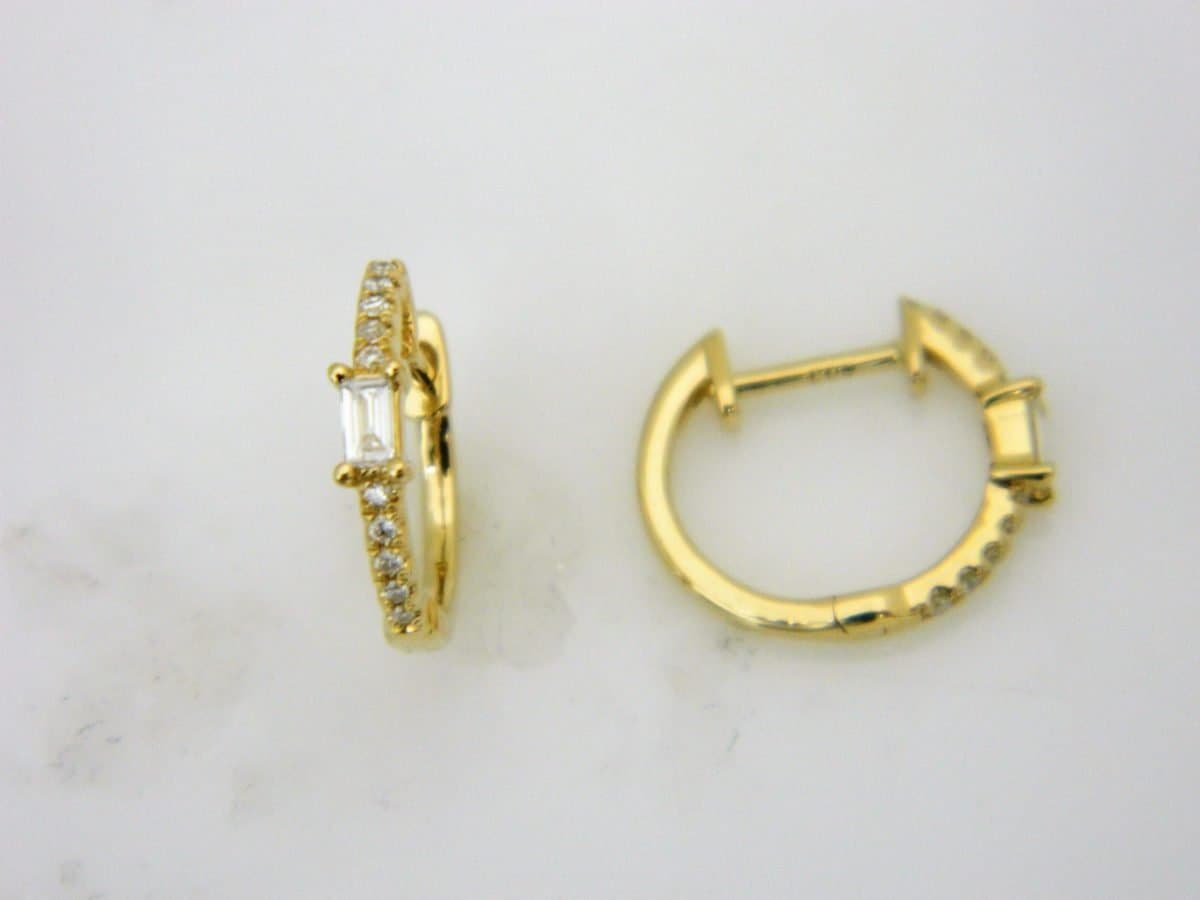 14 Karat Gold, 13mm Hoop Earrings Containing 20 Round Cut Diamonds 0.09 Carats & 2 Baguette Diamonds 0.11 Carats thumbnail 2