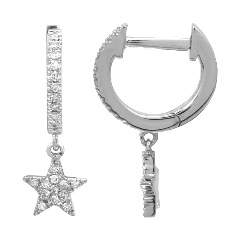 14 Karat Gold & Diamond Star Dangle Huggie Earrings