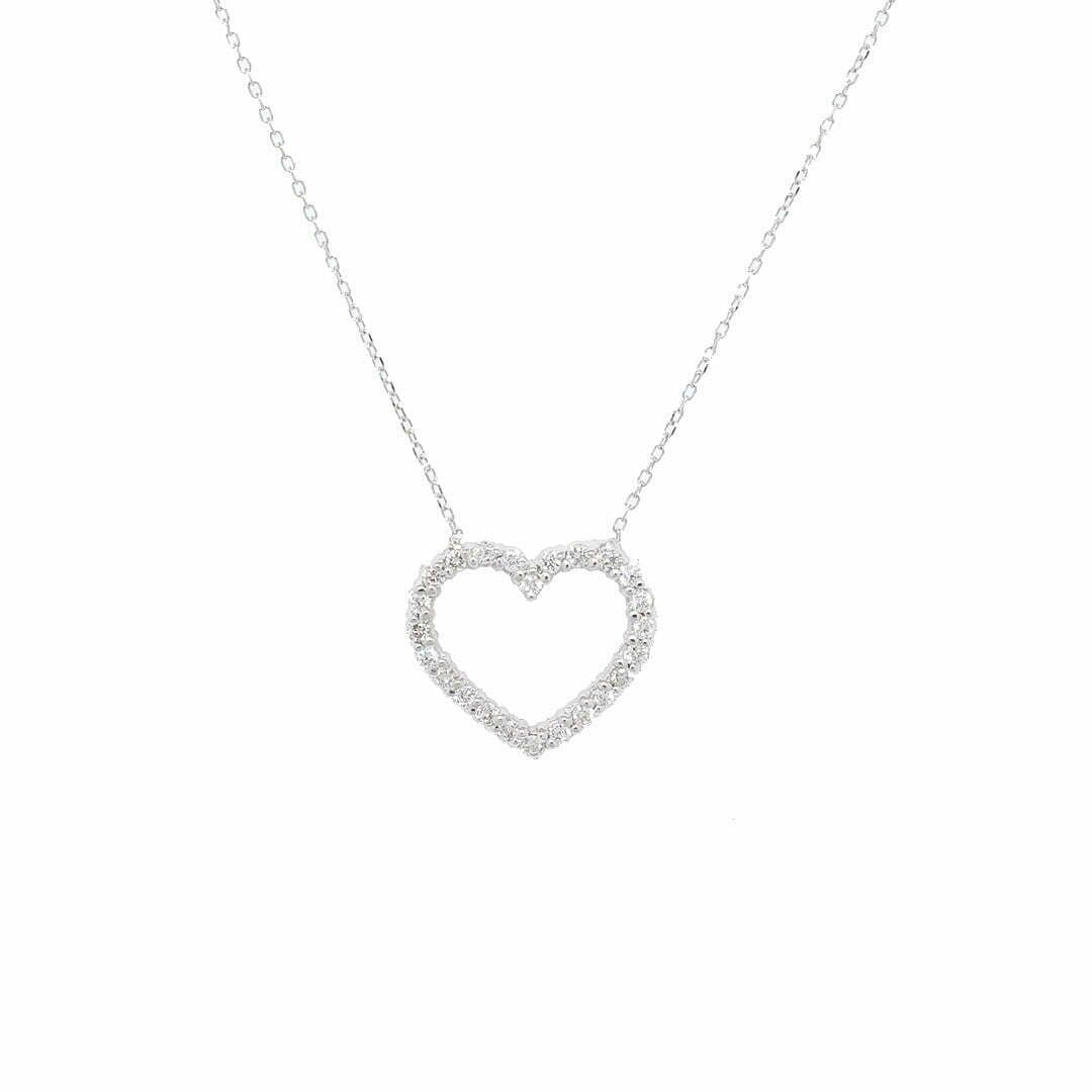 14 Karat White Gold, 18″ Heart Necklace Containing 24 Round Cut Diamonds Weighing 0.33 Carats