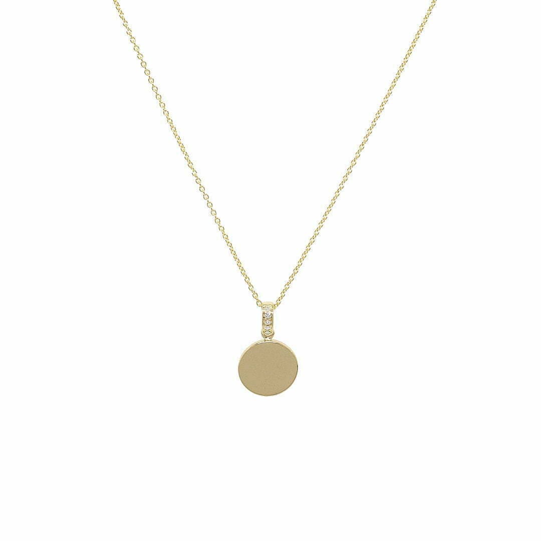 14 Karat Gold 18″ Engravable Disc Necklace Containing 5 Round Cut Diamonds Weighing 0.02 Carats