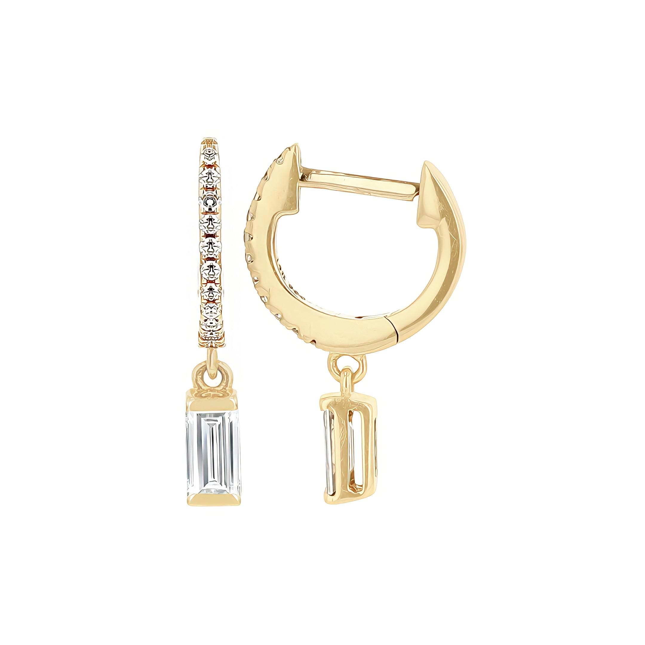 14 Karat Gold & Diamond 9.75mm Baguette Dangle Huggie Earrings