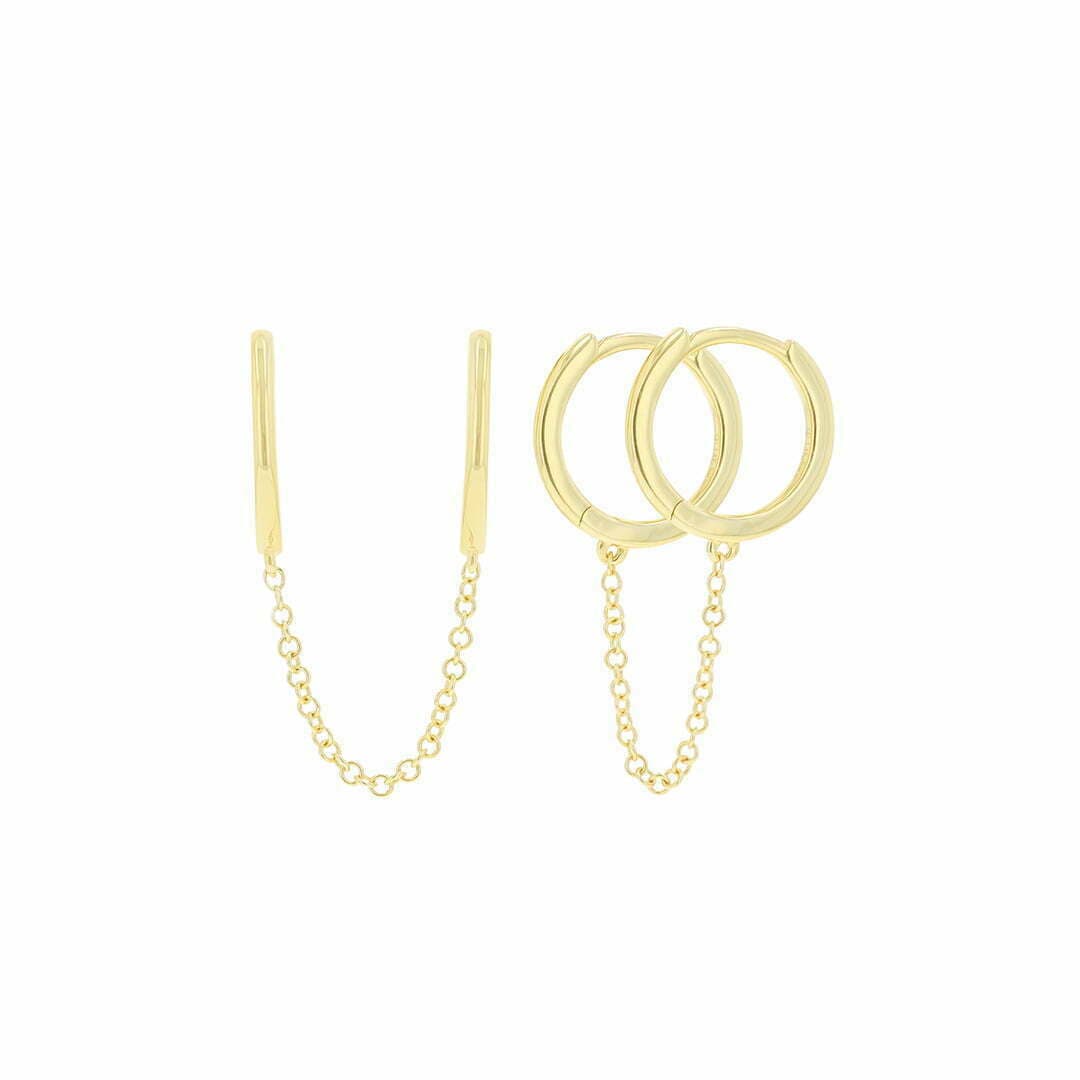 14 Karat Gold Double Piercing Hoop Earring With Chain