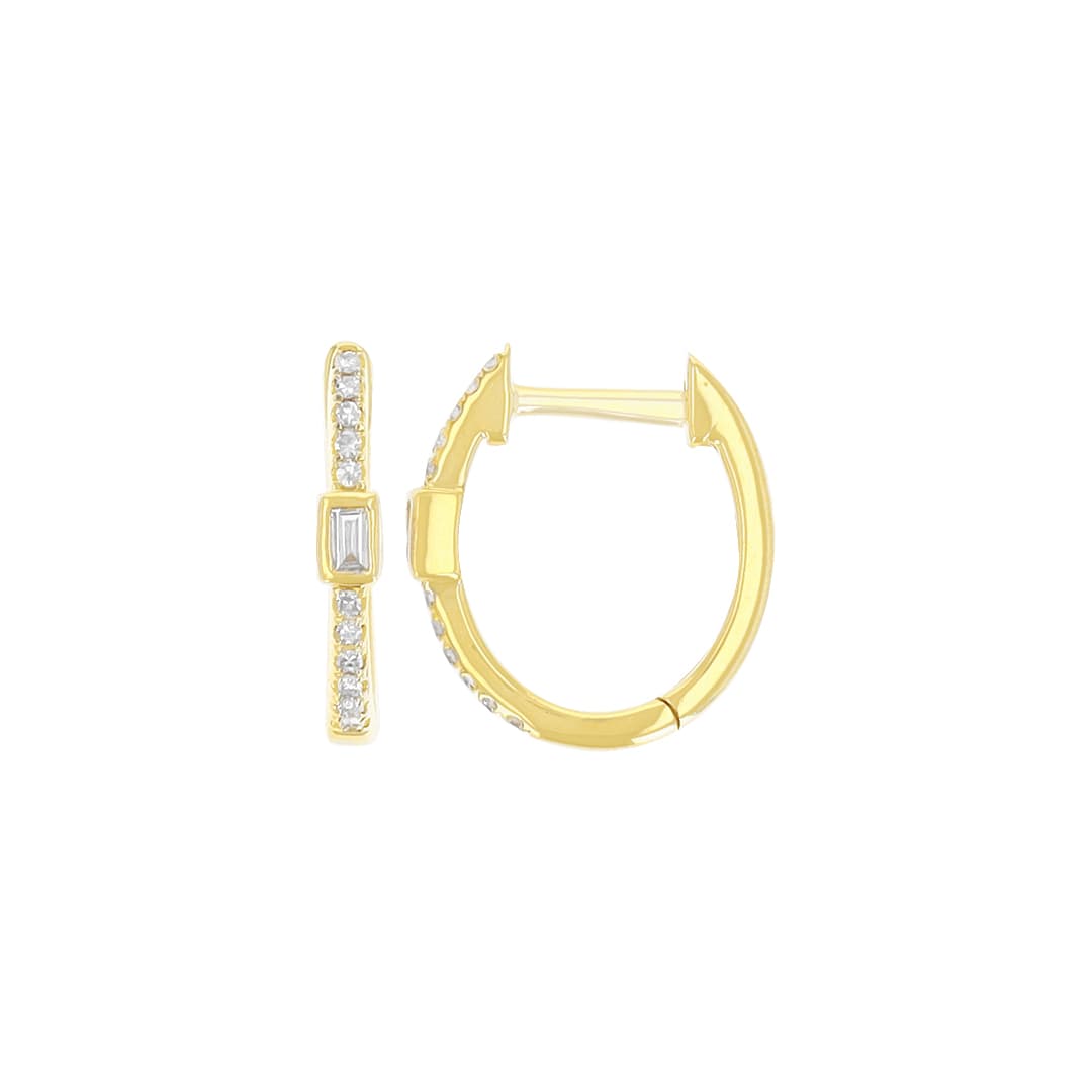 14 Karat Gold & Baguette Diamond 13mm Oval Huggies
