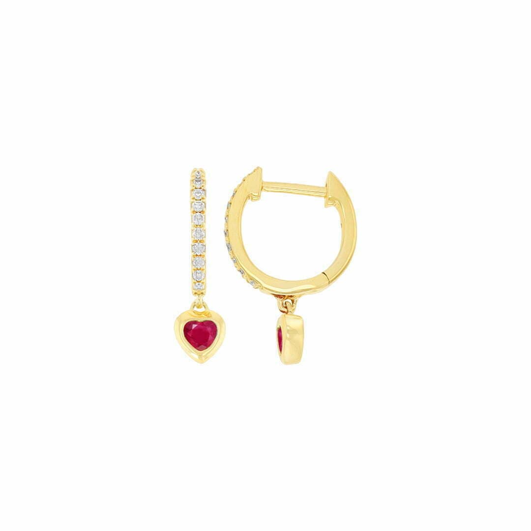 14 Karat Gold & Diamond Heart Shape Emerald, Ruby or Sapphire 11mm Huggie Earrings thumbnail 3