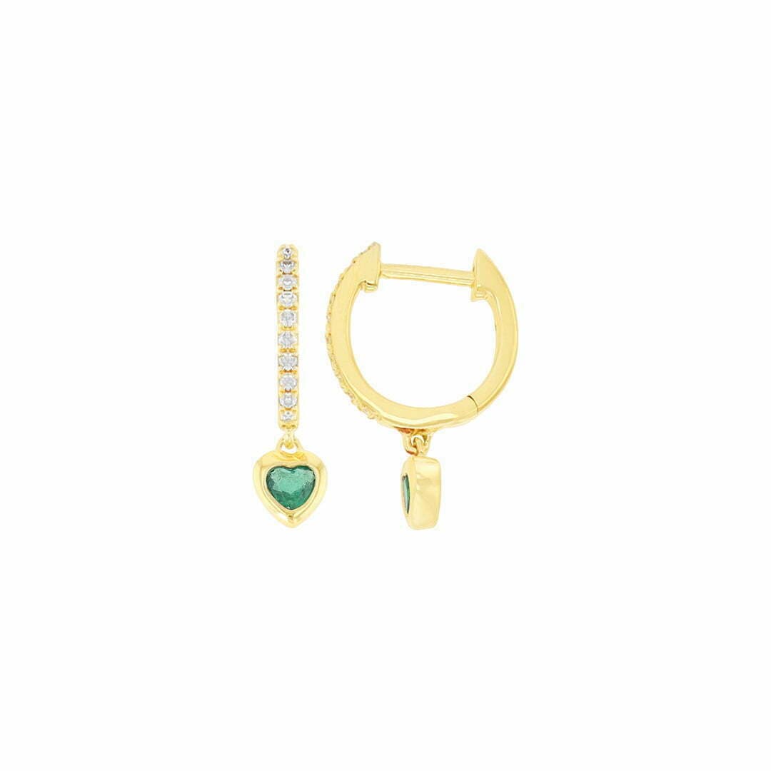 14 Karat Gold & Diamond Heart Shape Emerald, Ruby or Sapphire 11mm Huggie Earrings