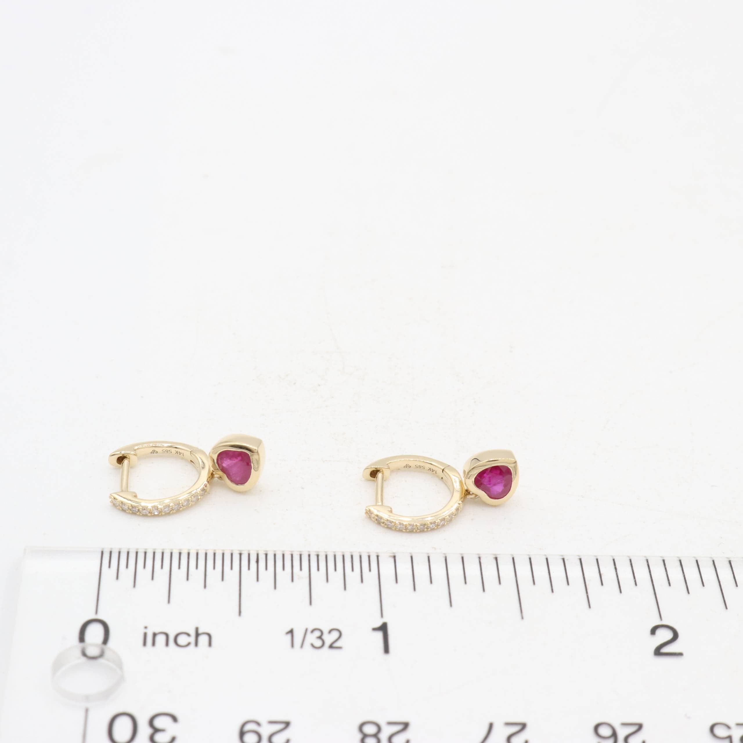 14 Karat Gold & Diamond Heart Shape Emerald, Ruby or Sapphire 11mm Huggie Earrings thumbnail 2