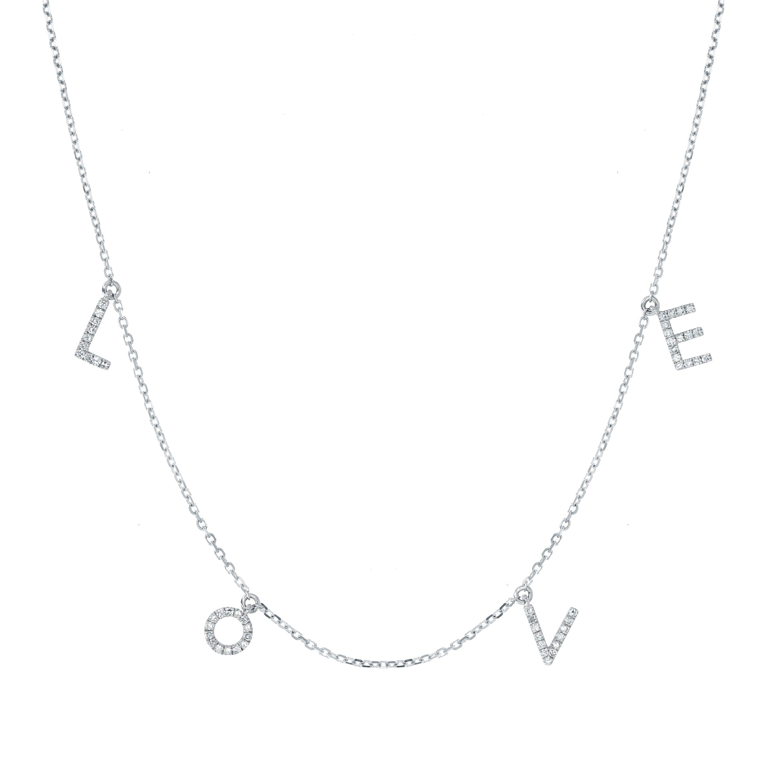 14 Karat White Gold, “Love” Necklace Containing 53 Round Cut Diamonds Weighing 0.15 Carats.