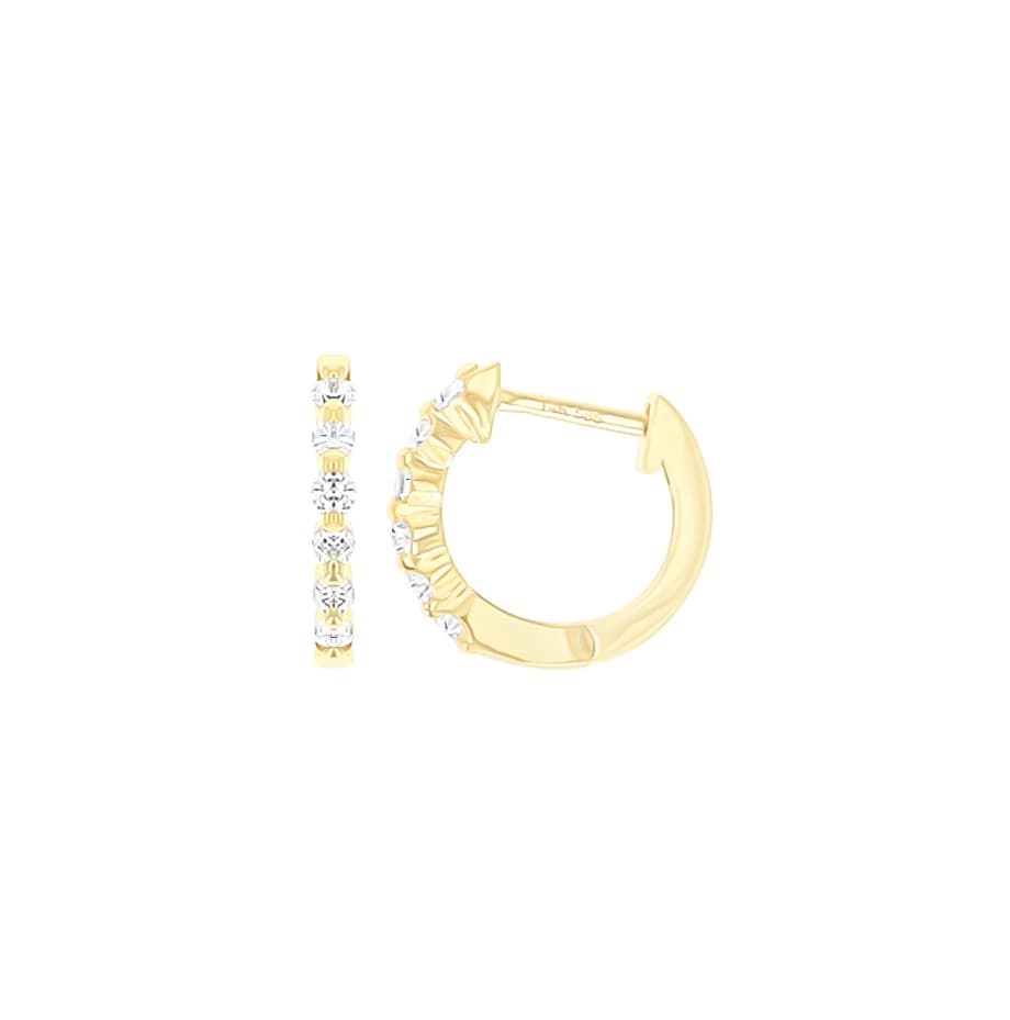 14 Karat Gold, 12.5mm Hoop Earrings Containing 12 Round Cut Diamonds Halfway Around Weighing 0.21 Carats.