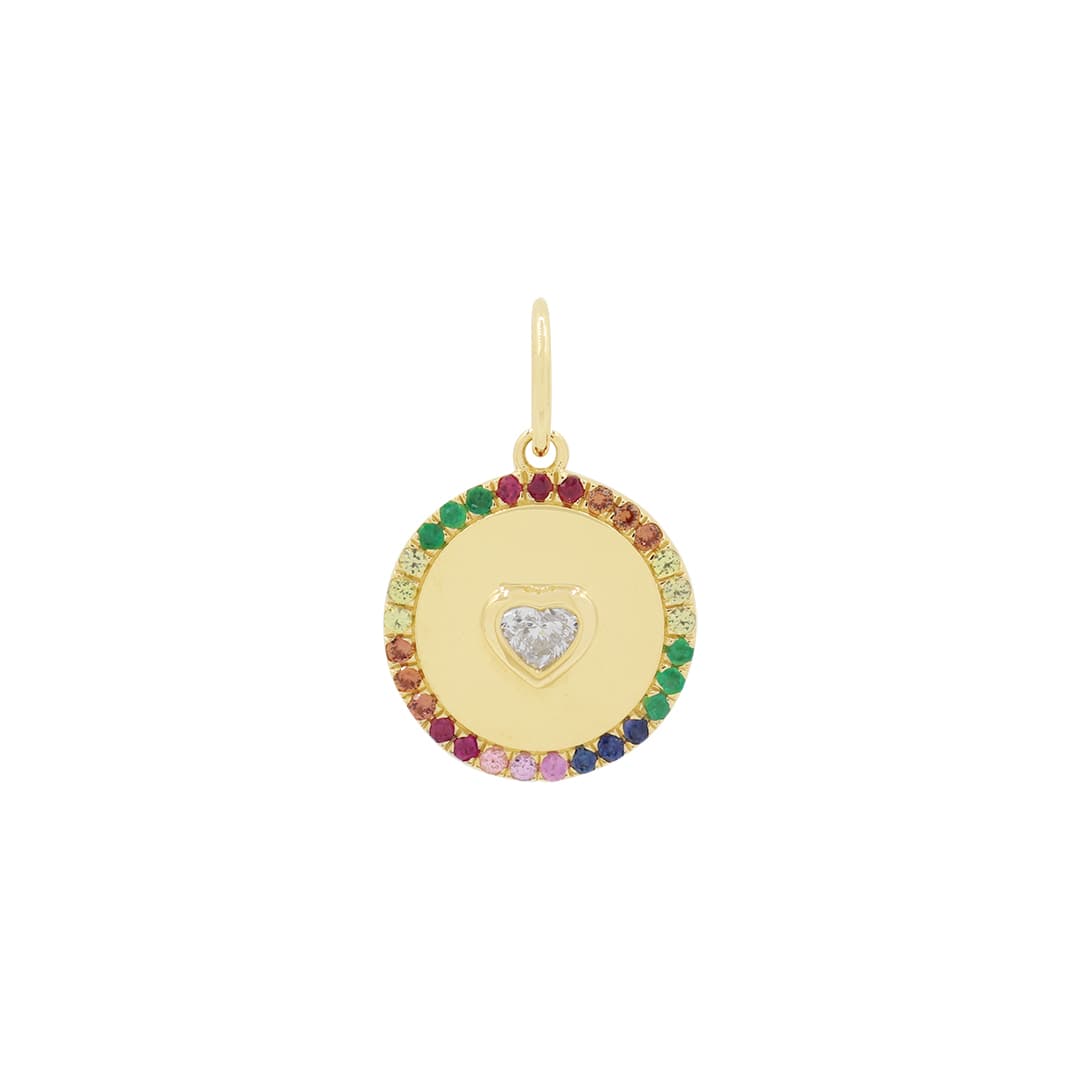 14 Karat Yellow Gold, Disc Pendant Containing 1 Heart Shaped Diamond Weighing 0.18 Carats, 5 Round Cut Rubies Weighing 0.06 Carats, 6 Round Cut Emeralds Weighing 0.06 Carats & 18 Round Cut Multicolored Sapphires Weighing 0.26 Carats.