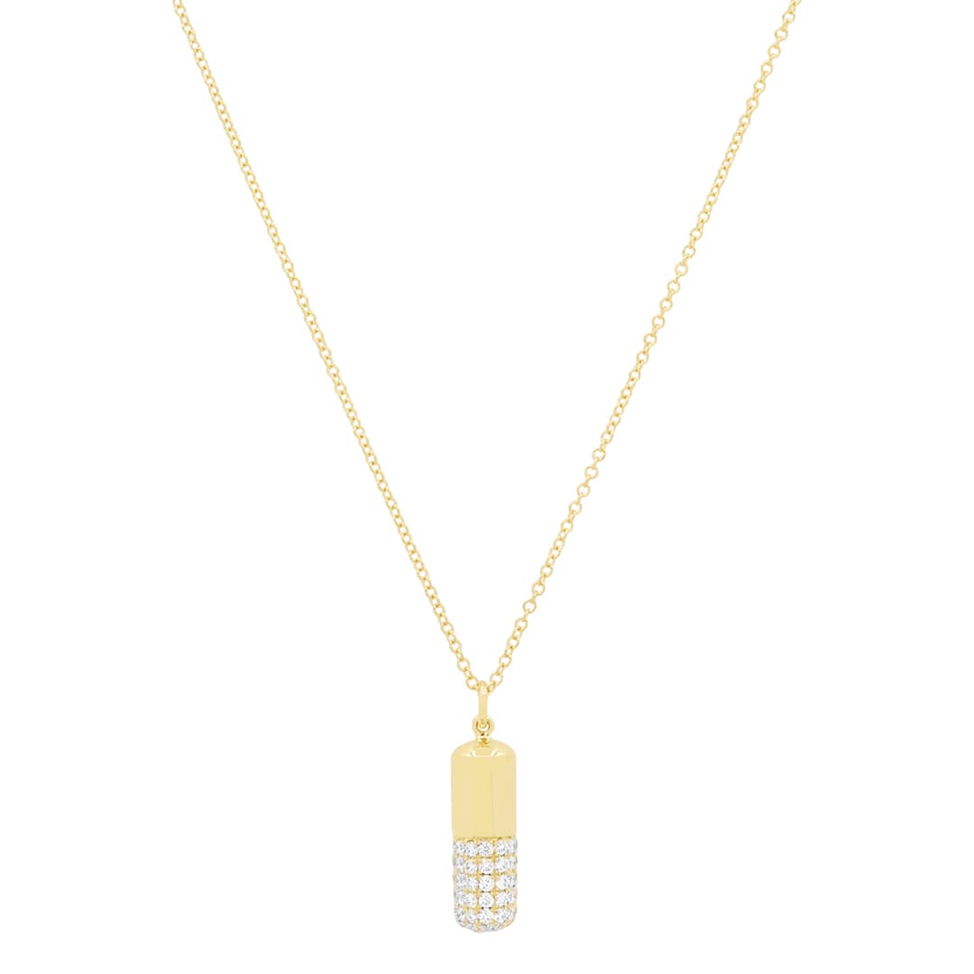 14 Karat Yellow Gold, 18″ Diamond Pill Necklace Containing Round Cut Diamonds Weighing 0.69 Carats.