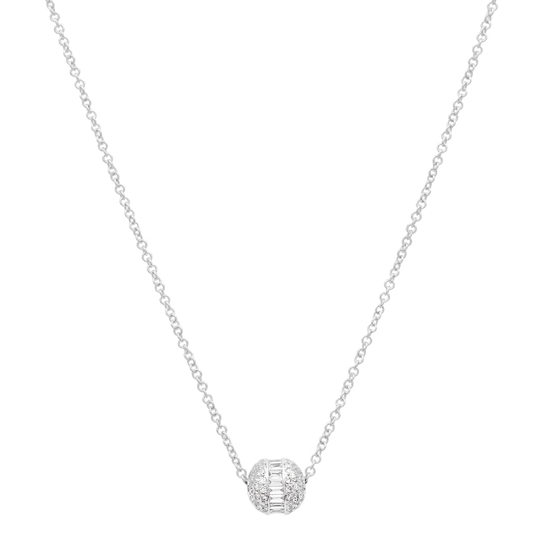 14 Karat White Gold, 18″ Barrel Pendant Necklace Containing Baguette & Round Cut Diamonds Weighing 0.48 Carats.