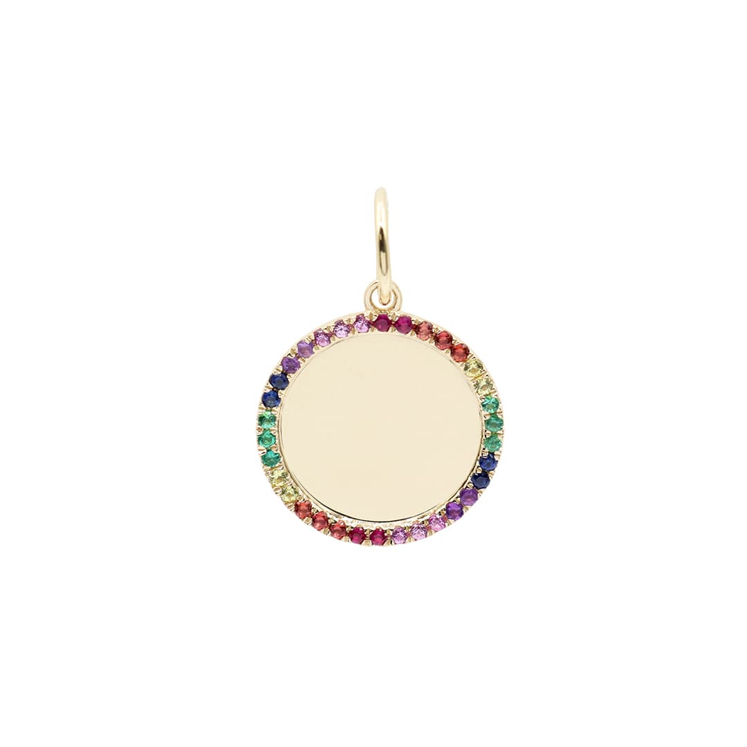 14 Karat Yellow Gold, 16mm Disc Pendant Containing 24 Round Cut Multicolored Sapphires Weighing 0.24 Carats, 4 Round Cut Rubies Weighing 0.03 Carats & 6 Round Cut Emeralds Weighing 0.04 Carats.