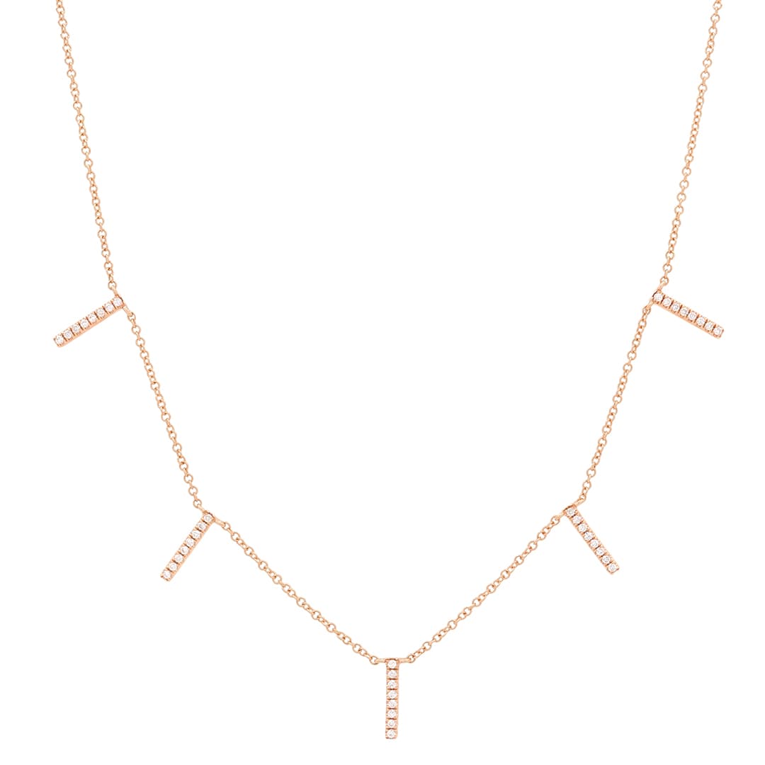 14 Karat Rose Gold, 18″ Bar Necklace Containing 40 Round Cut Diamonds Weighing 0.22 Carats.