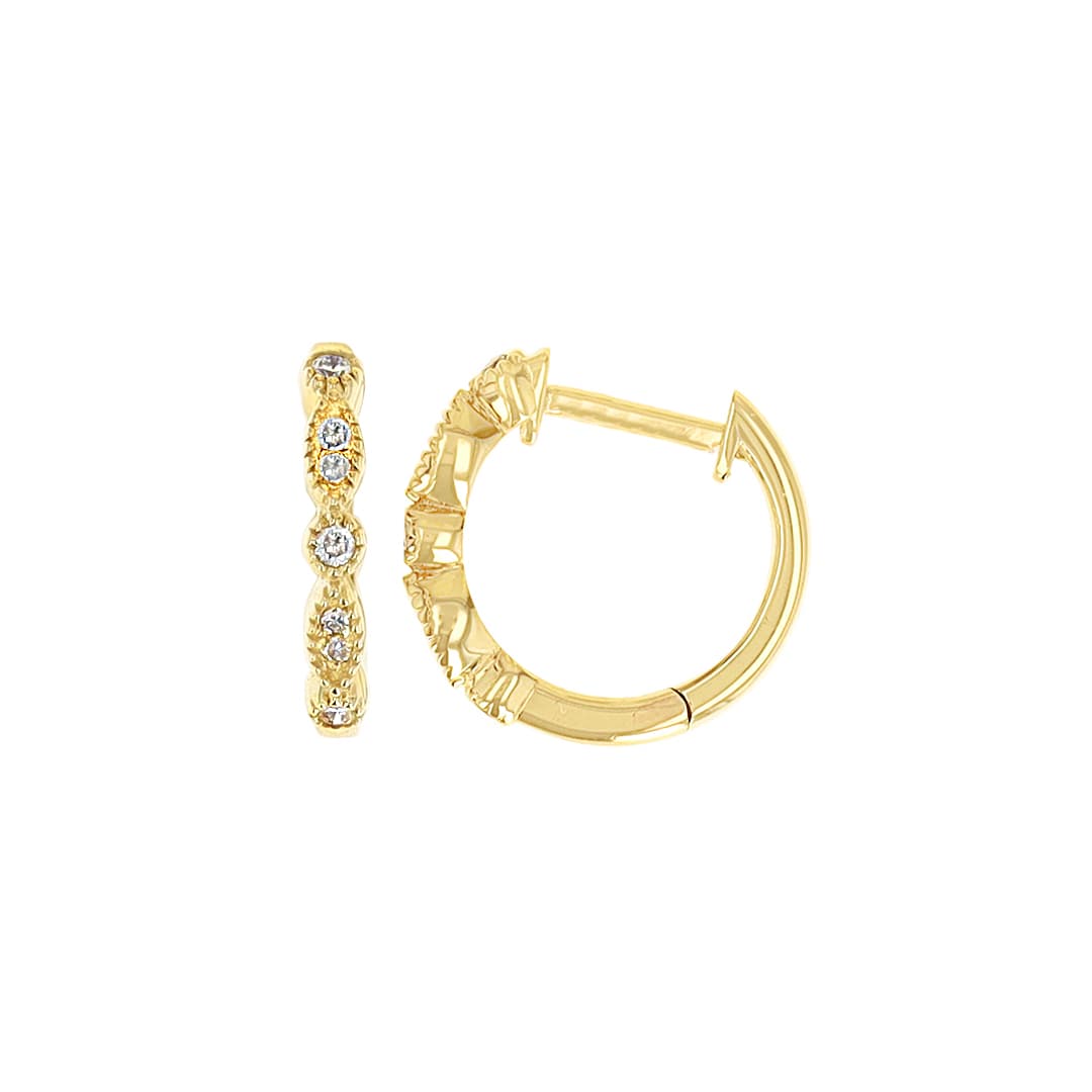 14 Karat Gold, 12.3mm Hoop Earrings Containing 14 Round Cut Diamonds Weighing 0.08 Carats.