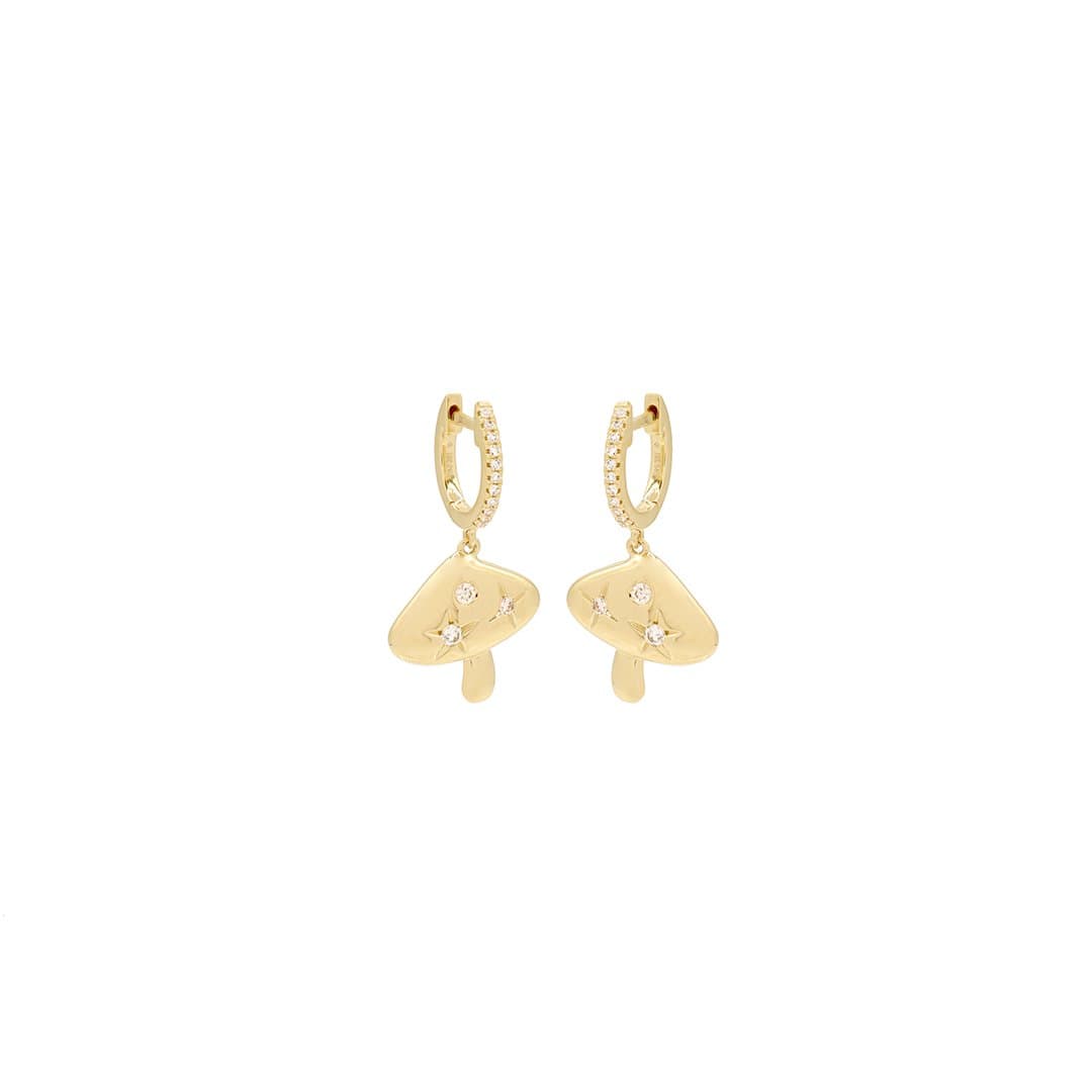 14 Karat Gold & Diamond Mushroom Dangle Huggie Earrings