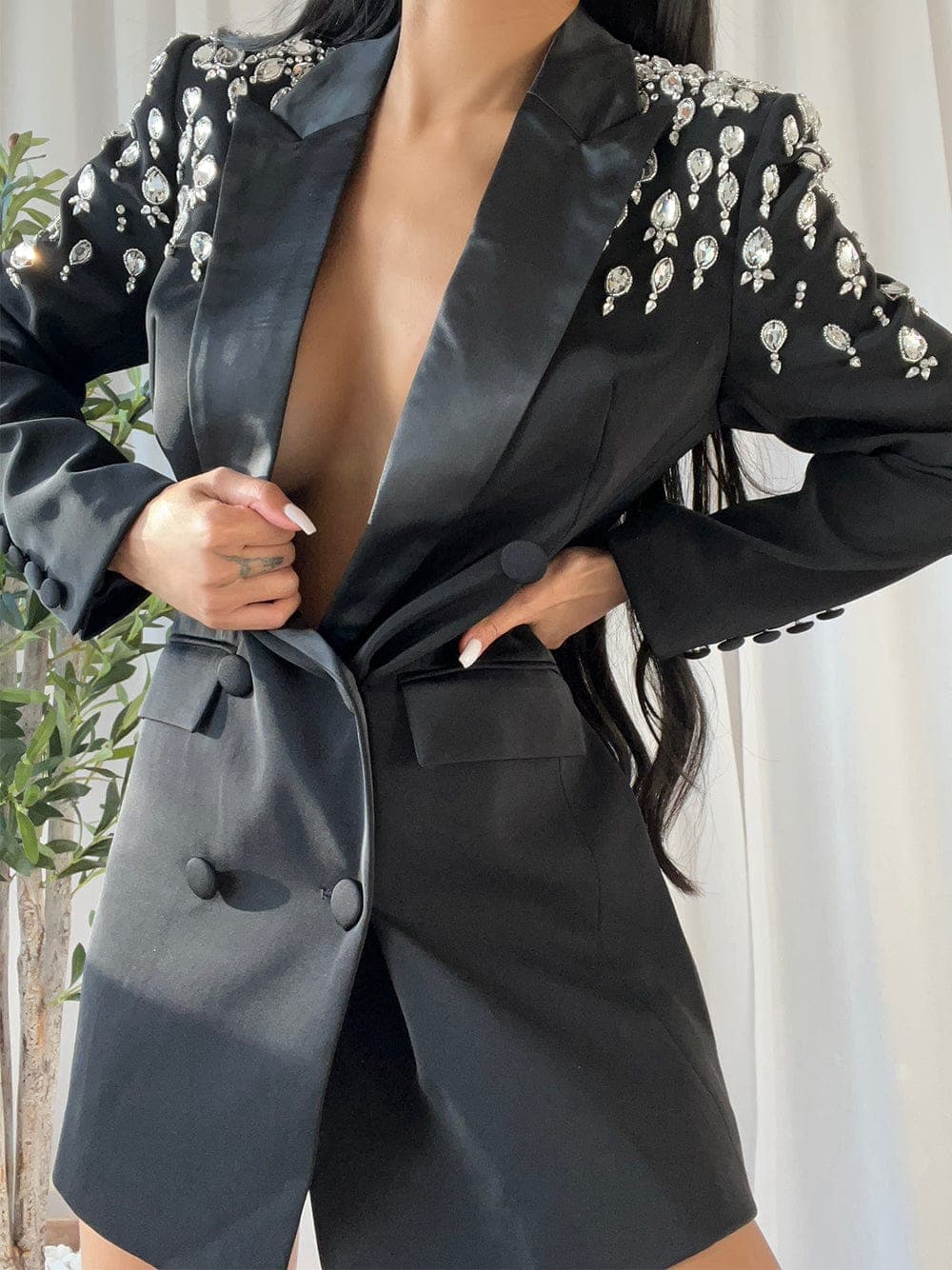 MESSA Beaded Cady Mini Blazer Dress in Black thumbnail 4