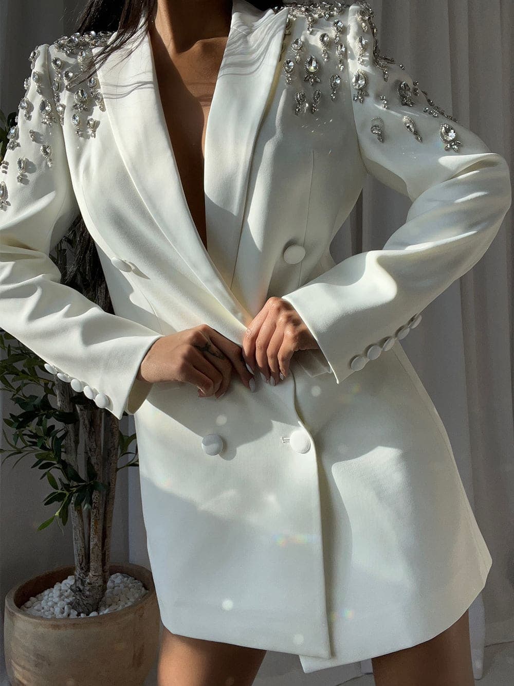 MESSA Beaded Cady Mini Blazer Dress in White thumbnail 2
