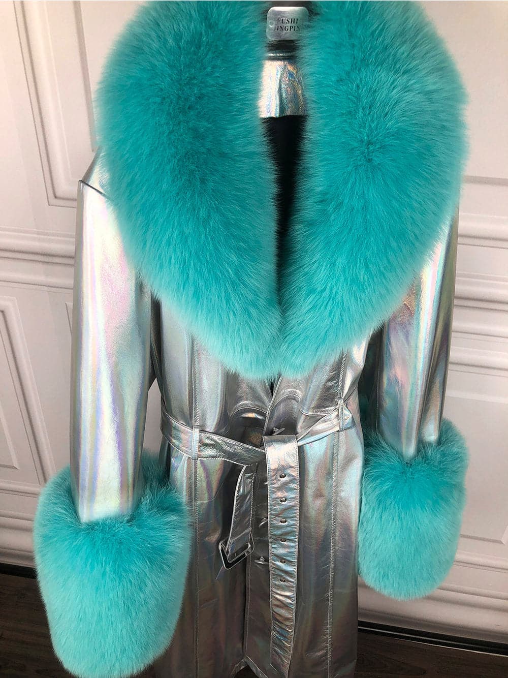 Faux Fur Genuine Leather Coat in Silver / Turquoise thumbnail 2