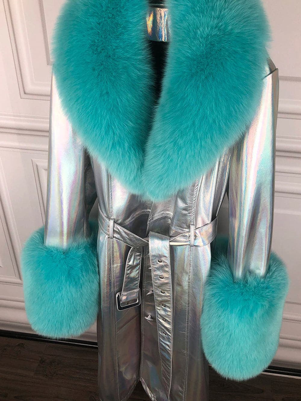 Faux Fur Genuine Leather Coat in Silver / Turquoise thumbnail 4