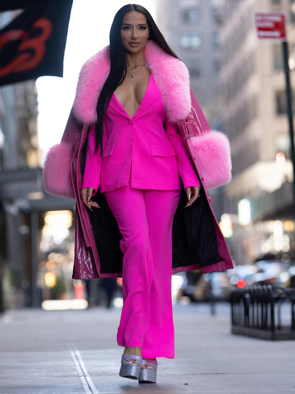 Faux Fur Patent Leather Coat in Fuchsia thumbnail 3