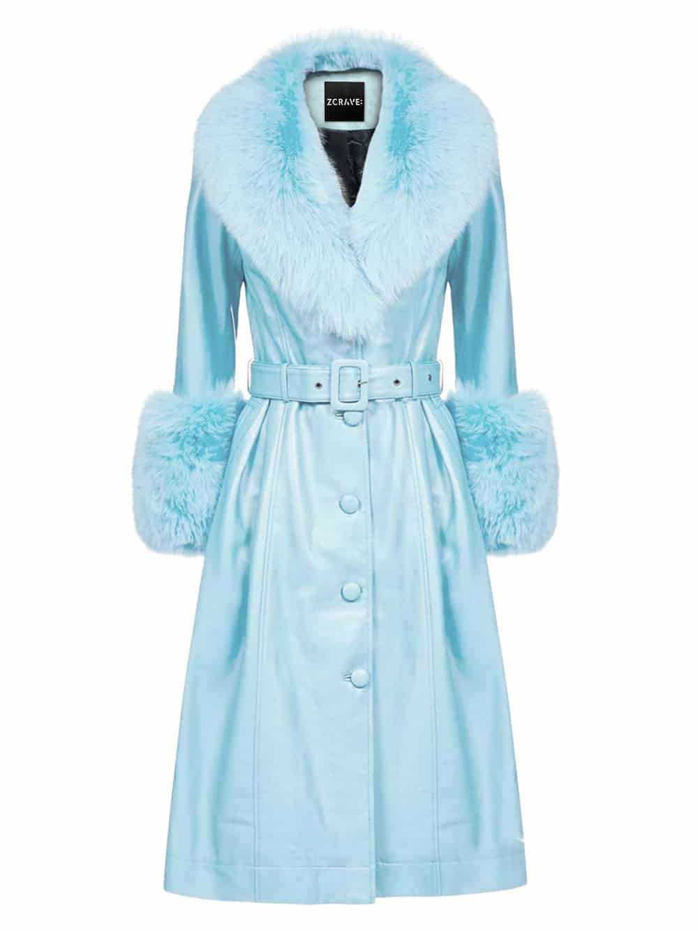 Faux Fur Genuine Leather Coat in Baby Blue