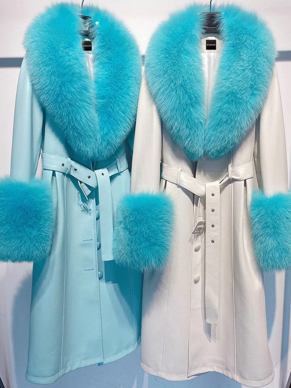 Faux Fur Genuine Leather Coat in White & Blue thumbnail 4