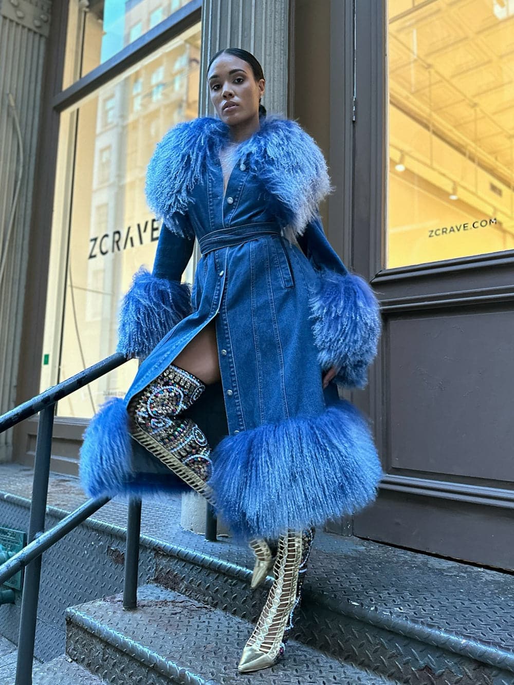 Fluffy Faux Fur Denim Coat thumbnail 3