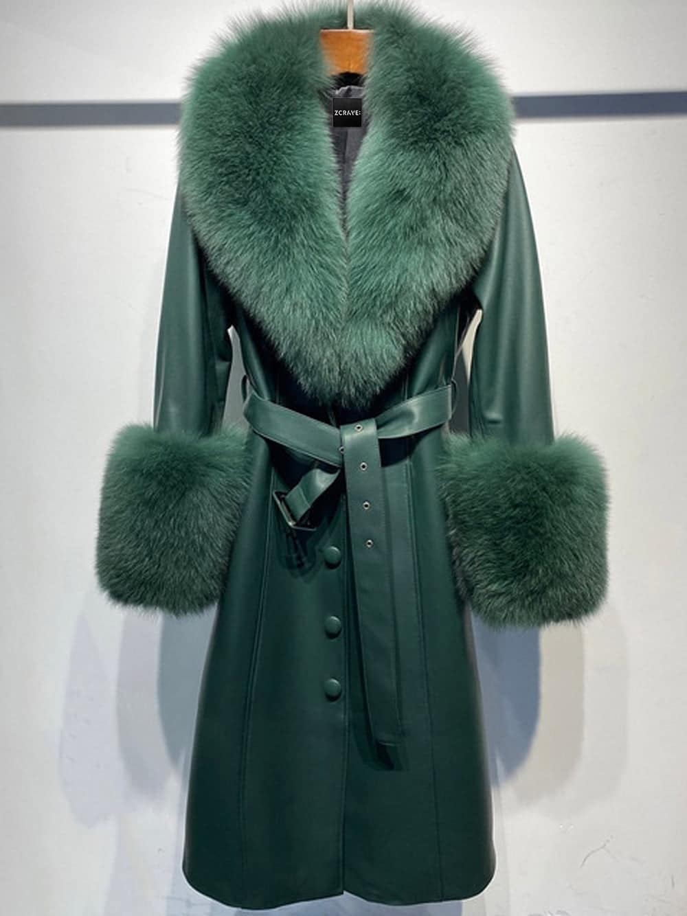 Faux Fur Genuine Leather Coat In Deep Green thumbnail 3