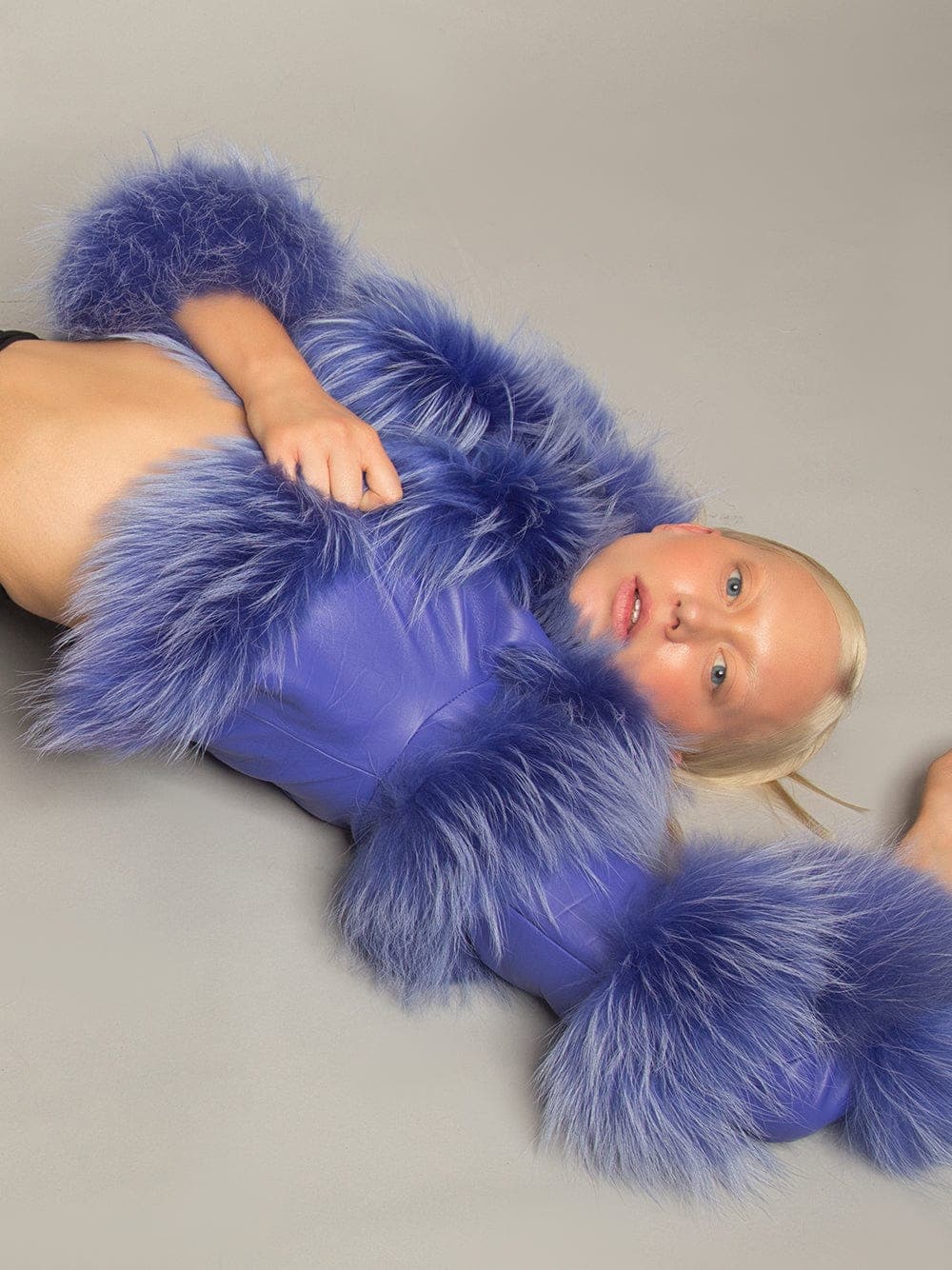 LITALY Fur Trim Leather Jacket in Purple thumbnail 3