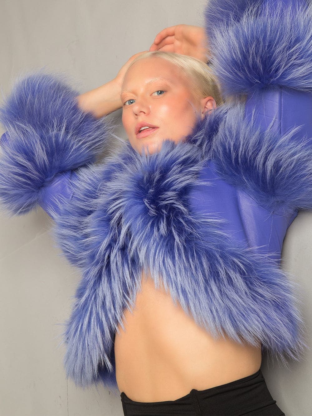 LITALY Fur Trim Leather Jacket in Purple thumbnail 4