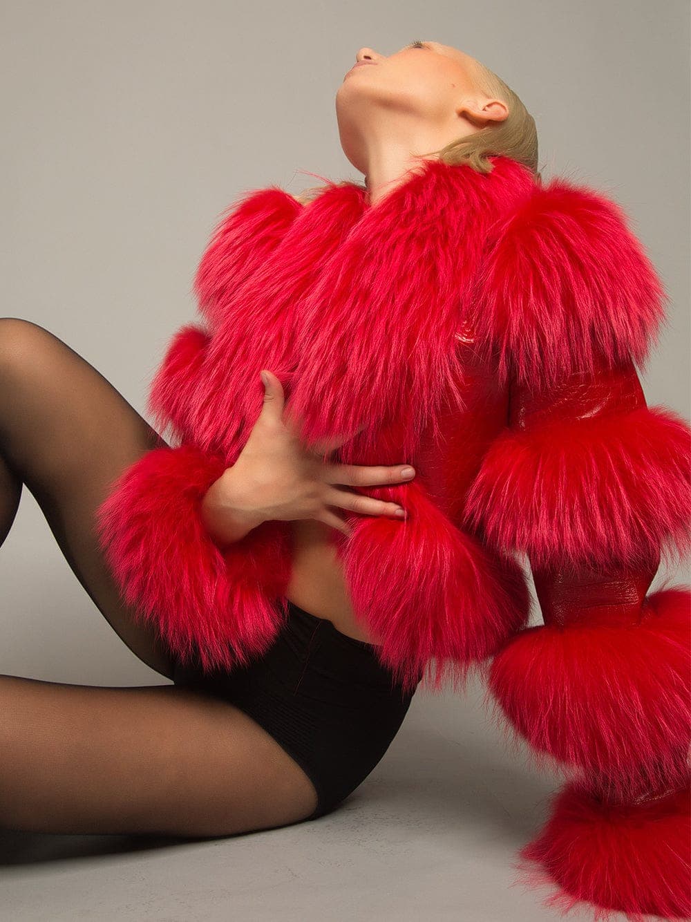 LITALY Fur Trim Leather Jacket in Red thumbnail 2