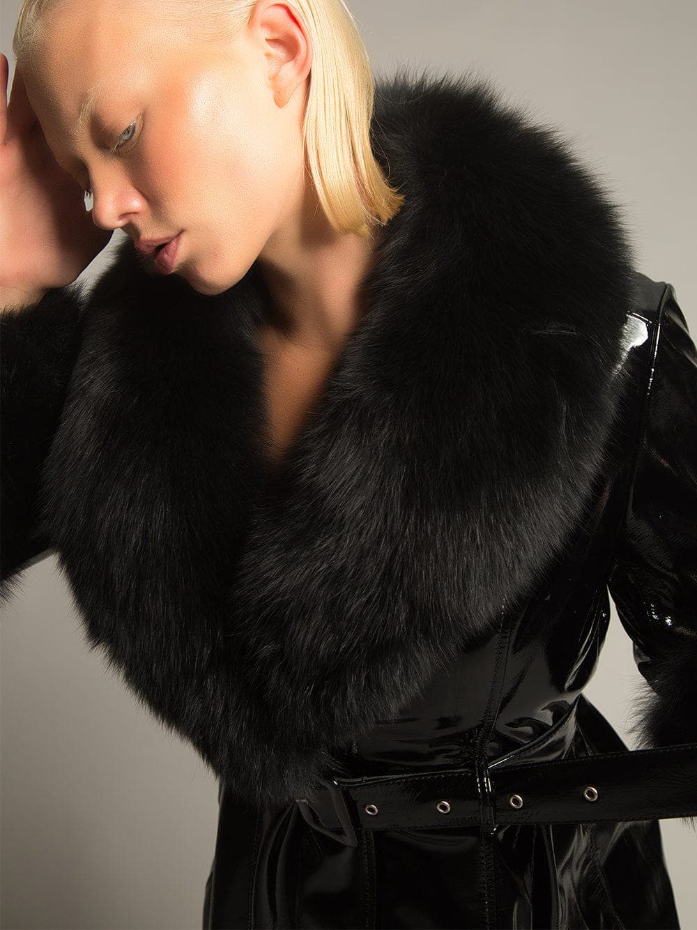 Patent Leather Coat w/ Fox Fur In Black thumbnail 4