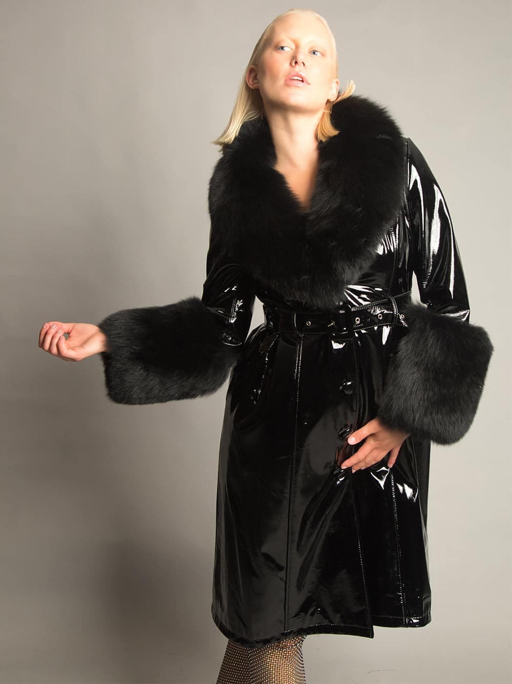 Patent Leather Coat w/ Fox Fur In Black thumbnail 3