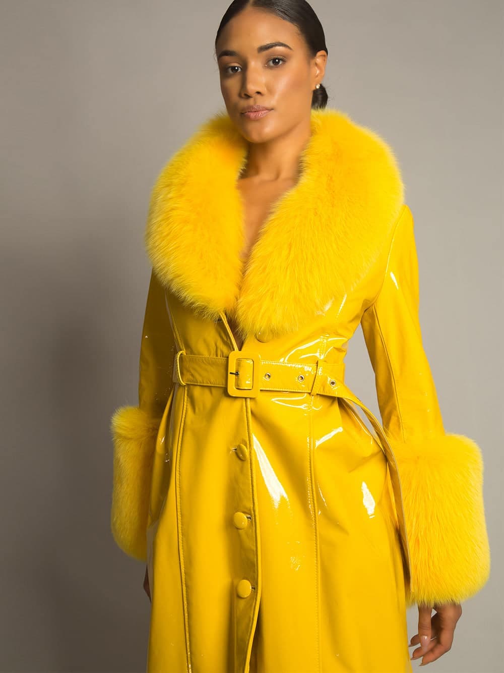 Patent Leather Coat w/ Fox Fur In Yellow thumbnail 2