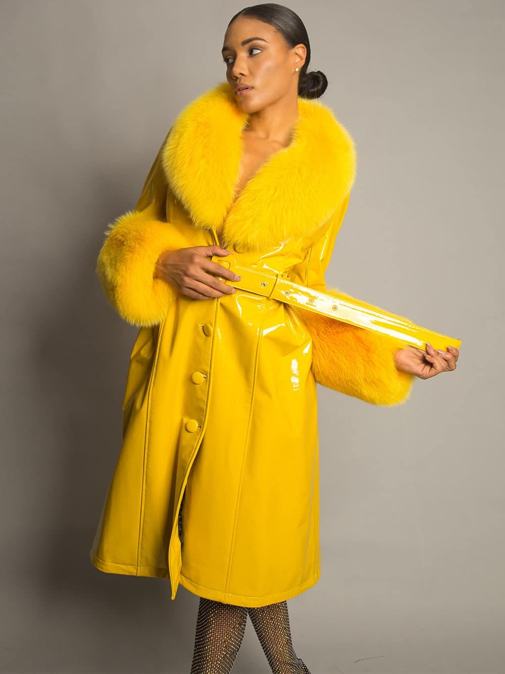 Patent Leather Coat w/ Fox Fur In Yellow thumbnail 4