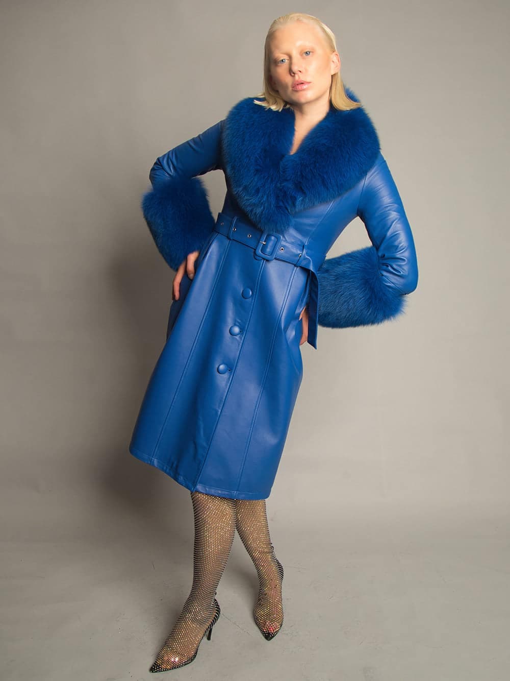 Foxy Leather Coat w/ Fox Fur In Blue