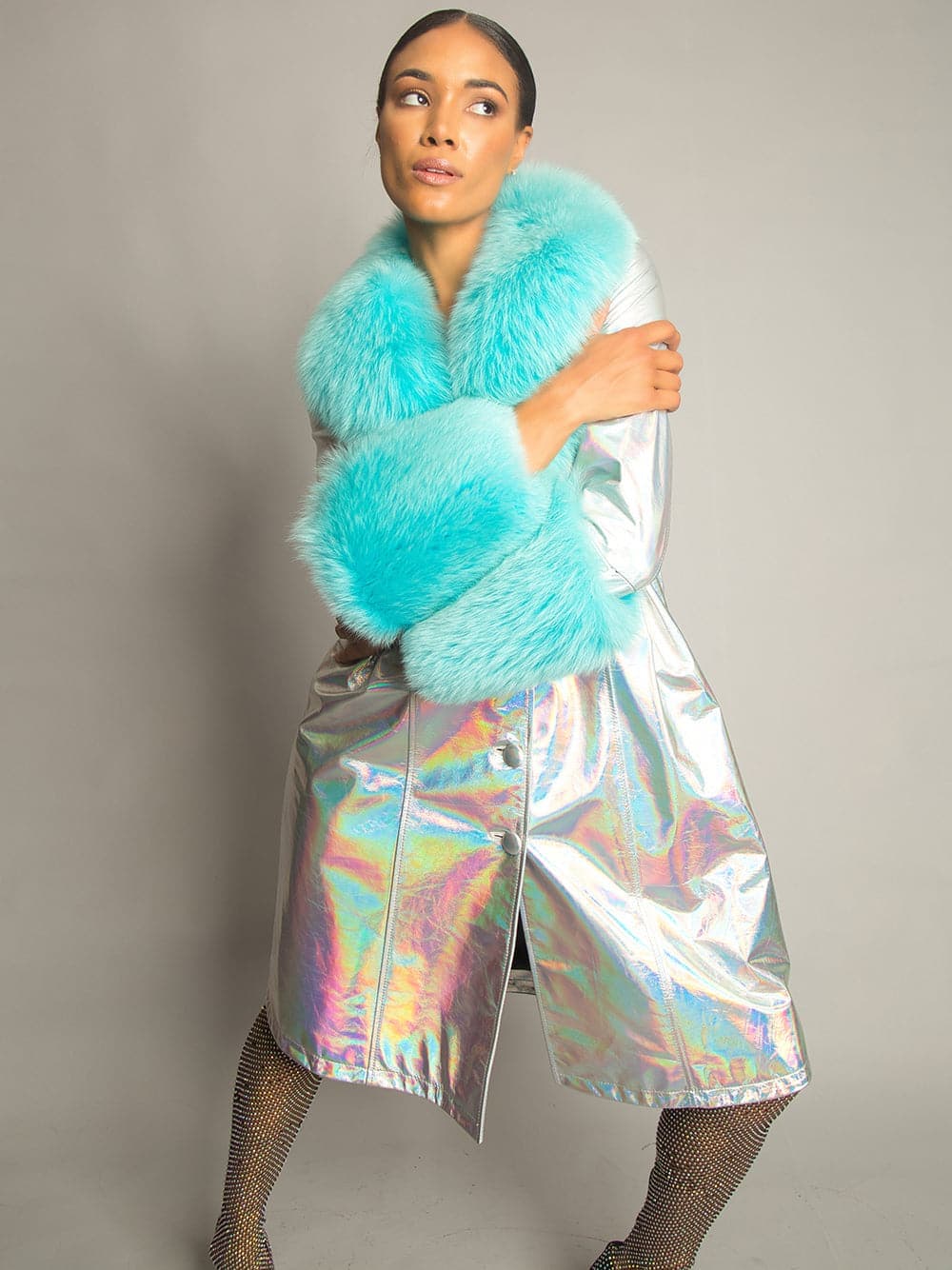 Foxy Leather Coat w/ Fox Fur In Silver-Turquoise thumbnail 4