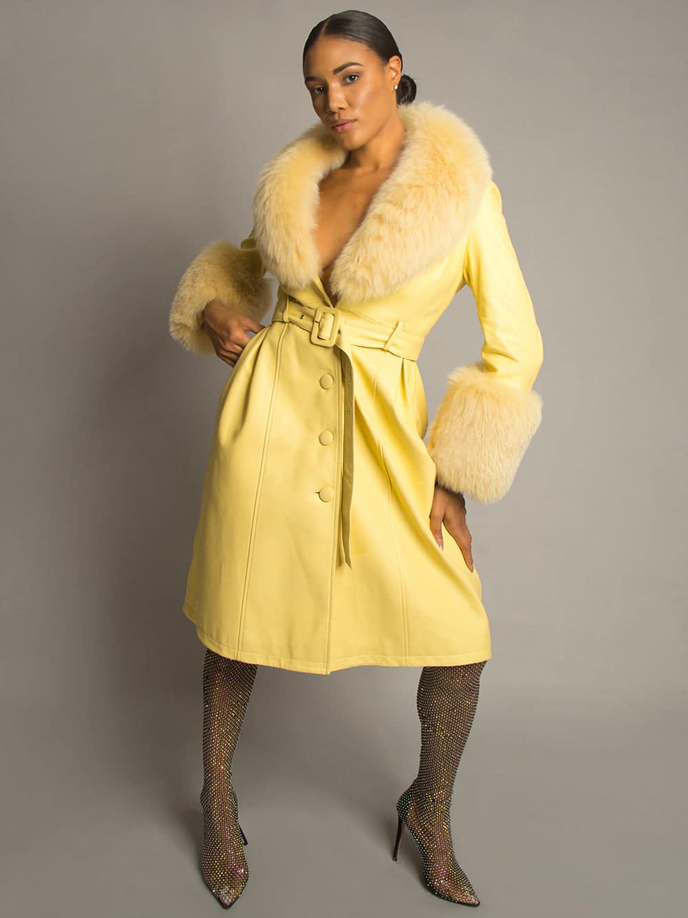 Foxy Leather Coat w/ Fox Fur In Yellow
