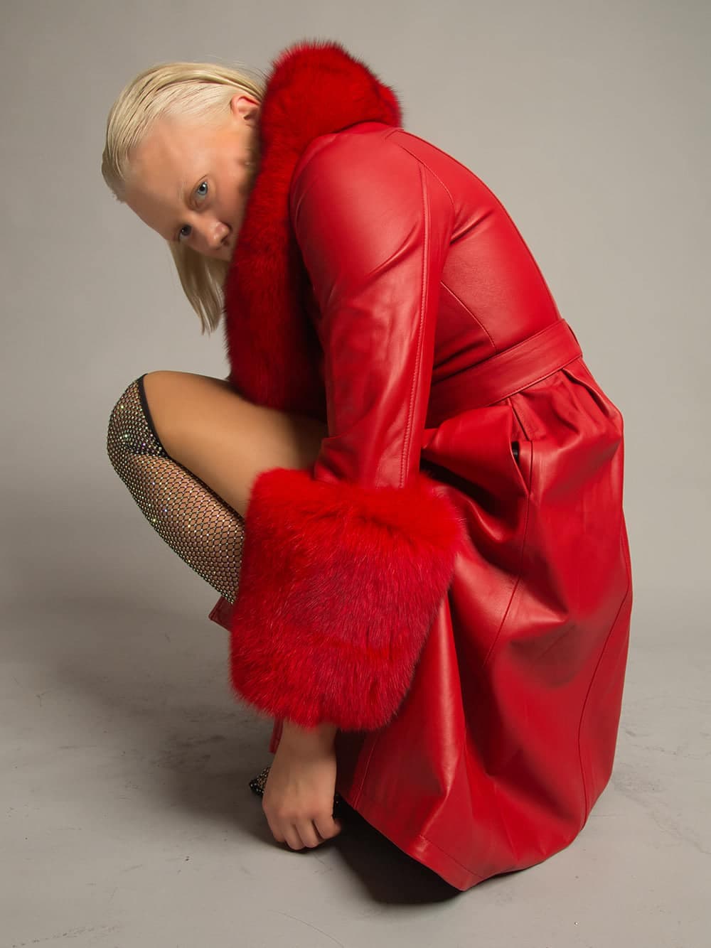 Foxy Leather Coat w/ Fox Fur In Red thumbnail 4