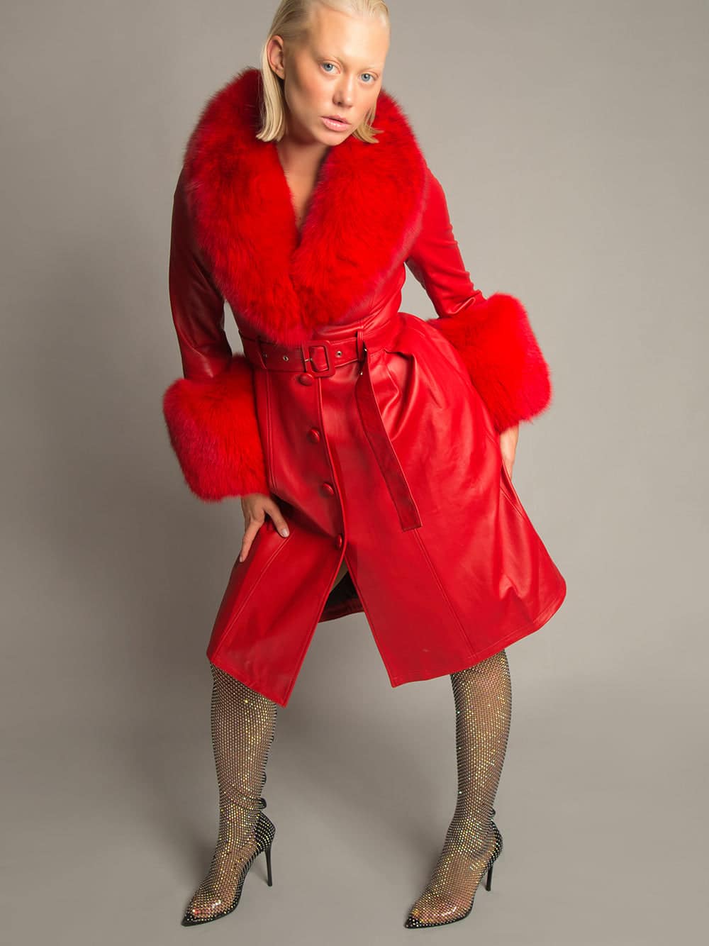 Foxy Leather Coat w/ Fox Fur In Red thumbnail 3
