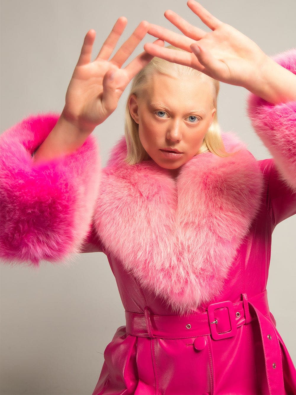 Foxy Leather Coat w/ Fox Fur In Fuchsia thumbnail 2